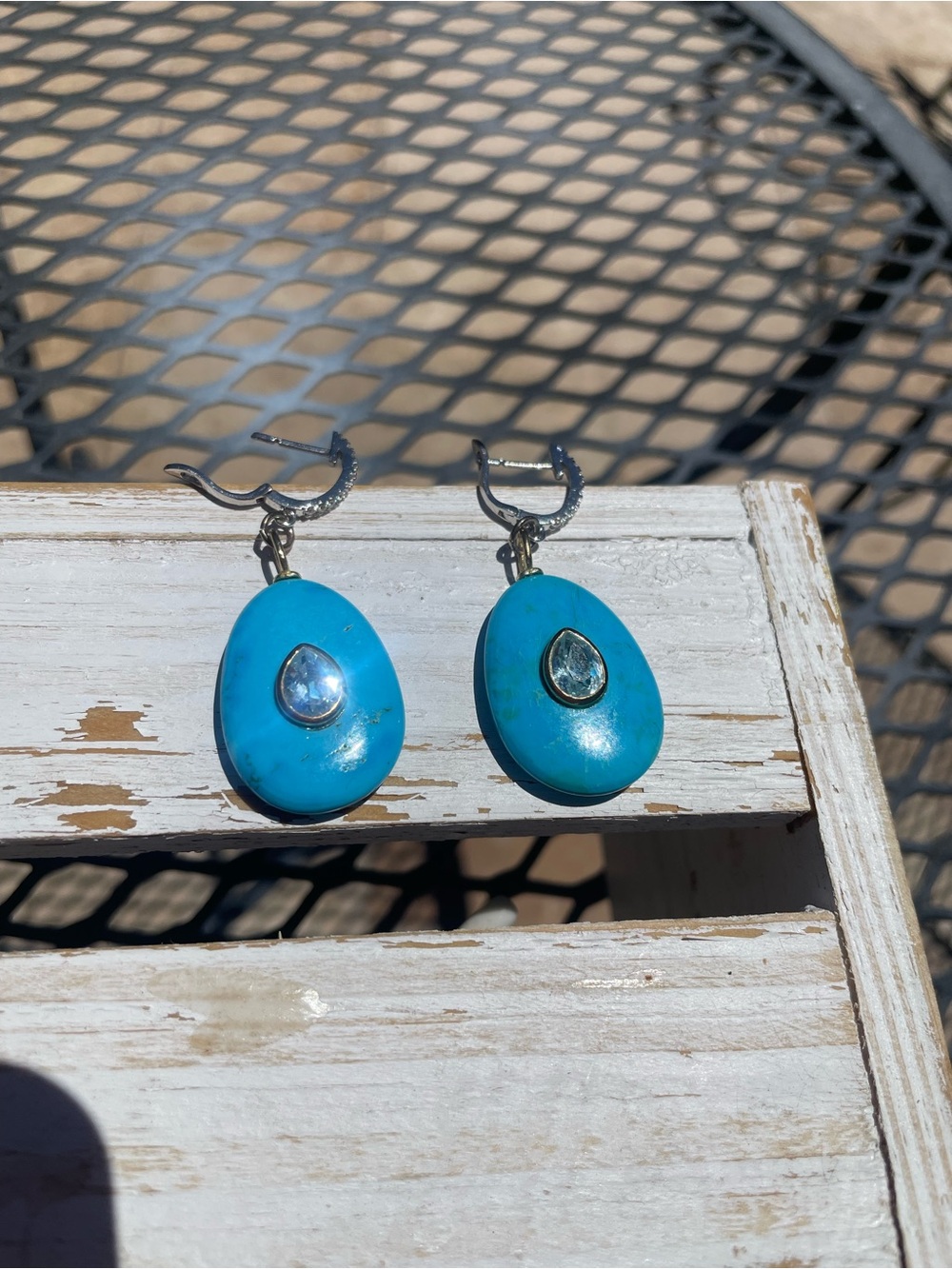 Turquoise Teardrop Dangle Earrings with blue topaz/ 14 k gold Stone Accent